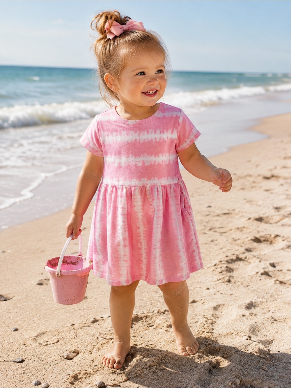 wonder nation Pink and White Tie-Dye Short Sleeve Dress